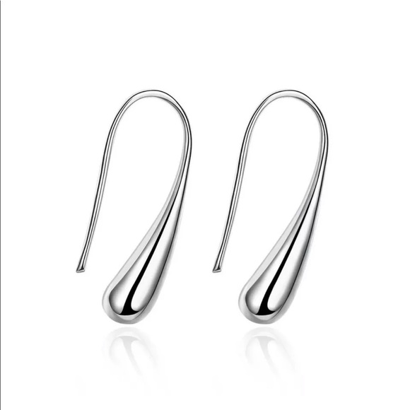 18K White Gold Plated Drop Dangle Hook Earrings 1” - Picture 2 of 3